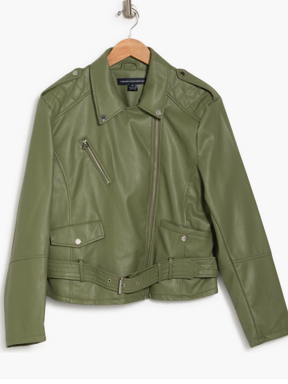 French Connection Asymmetrical Faux Leather Jacket in Olive Green Size XS